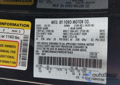 2022 Ford Bronco Sport from USA, damaged, VIN 3FMCR9A67NRD57043